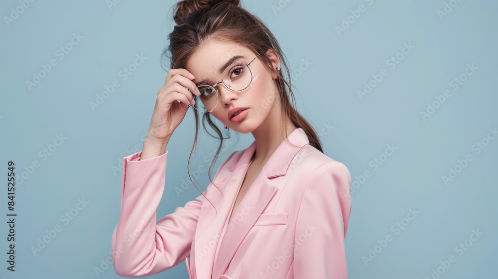 A businesswoman dressed in pink suit and glasses, suitable for office or corporate settings A businesswoman dressed in pink suit and glasses, suitable for office or corporate settings