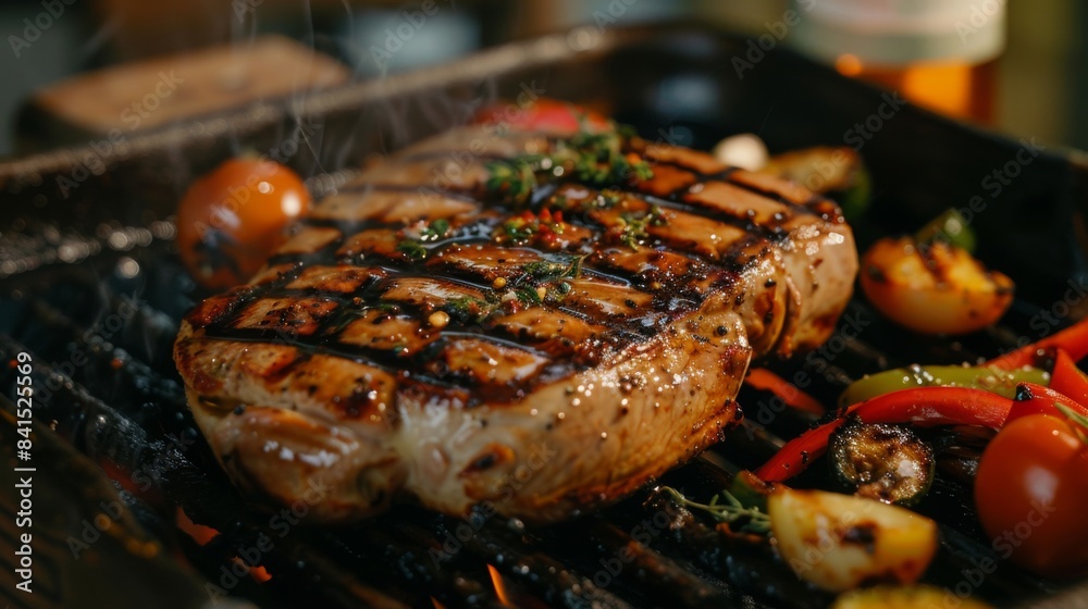 A sizzling pork steak fresh off the grill, adorned with grill marks and served with a side of roasted vegetables, enticing viewers with its juicy perfection A sizzling pork steak fresh off the grill, adorned with grill marks and served with a side of roasted vegetables, enticing viewers with its juicy perfection