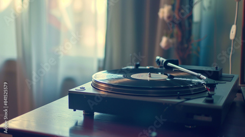 Vintage turntable spinning a vinyl record in soft light photo