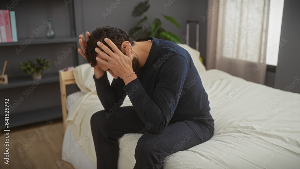 Distressed man sitting on bed in bedroom depicting concepts of worry, mental health, or exhaustion. Distressed man sitting on bed in bedroom depicting concepts of worry, mental health, or exhaustion.