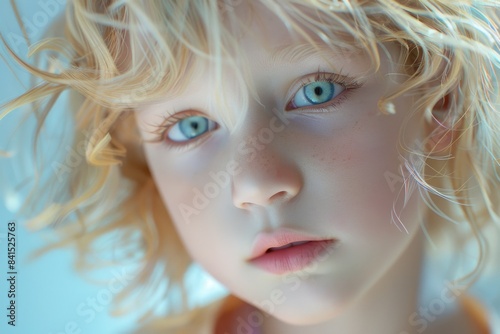 A young child with blonde hair looking directly at the camera © Ева Поликарпова