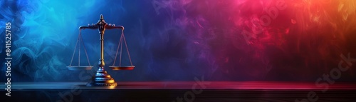 Abstract scales of justice with glowing edges, empty background space for text, Surreal, Bright colors, Digital illustration, Legal symbol
