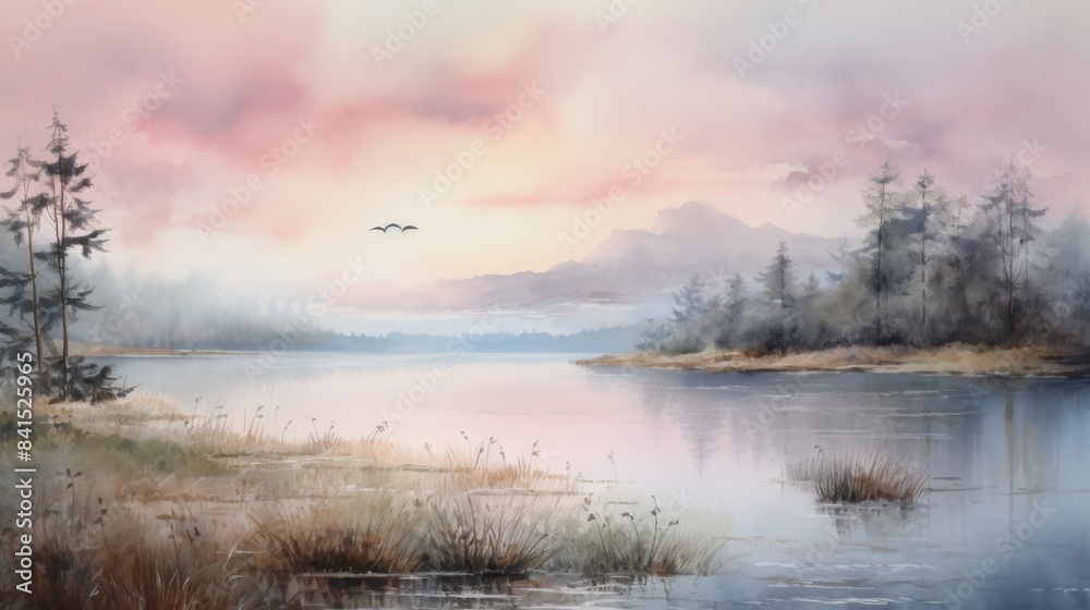 A painting of a lake with a bird flying over it