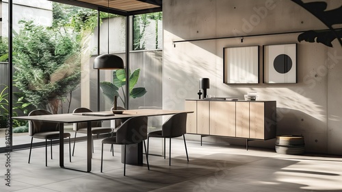 Photo of kitchen with modern furniture, luxurious light wood, colored lamps, gray chairs, concrete floor on the wall and picture frames on the wall, natural sunlight floor, minimalist style.