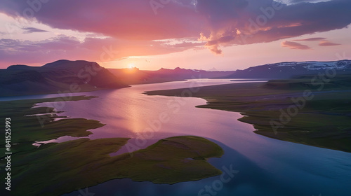 Aerial view of Langisj r lake at sunset with scenic landscape