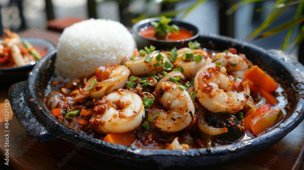 A sizzling skillet of grilled squid tossed in a spicy chili garlic sauce, served with a side of steamed rice and stir-fried vegetables A sizzling skillet of grilled squid tossed in a spicy chili garlic sauce, served with a side of steamed rice and stir-fried vegetables