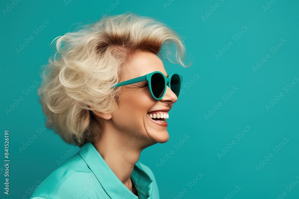 A smiling woman With Gray Hair, short, creative haircut and glasses is depicted on the side. A Beautiful Middle-Aged Woman In Profile on a blue background. A smiling woman With Gray Hair, short, creative haircut and glasses is depicted on the side. A Beautiful Middle-Aged Woman In Profile on a blue background.