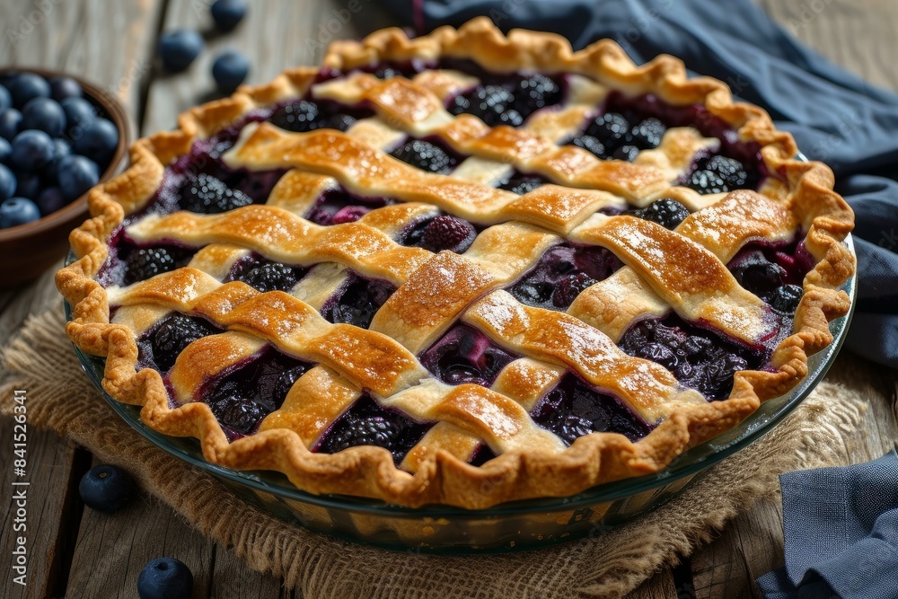Homemade blueberry pie with golden crust in a kitchen setting, perfect for dessert content Homemade blueberry pie with golden crust in a kitchen setting, perfect for dessert content