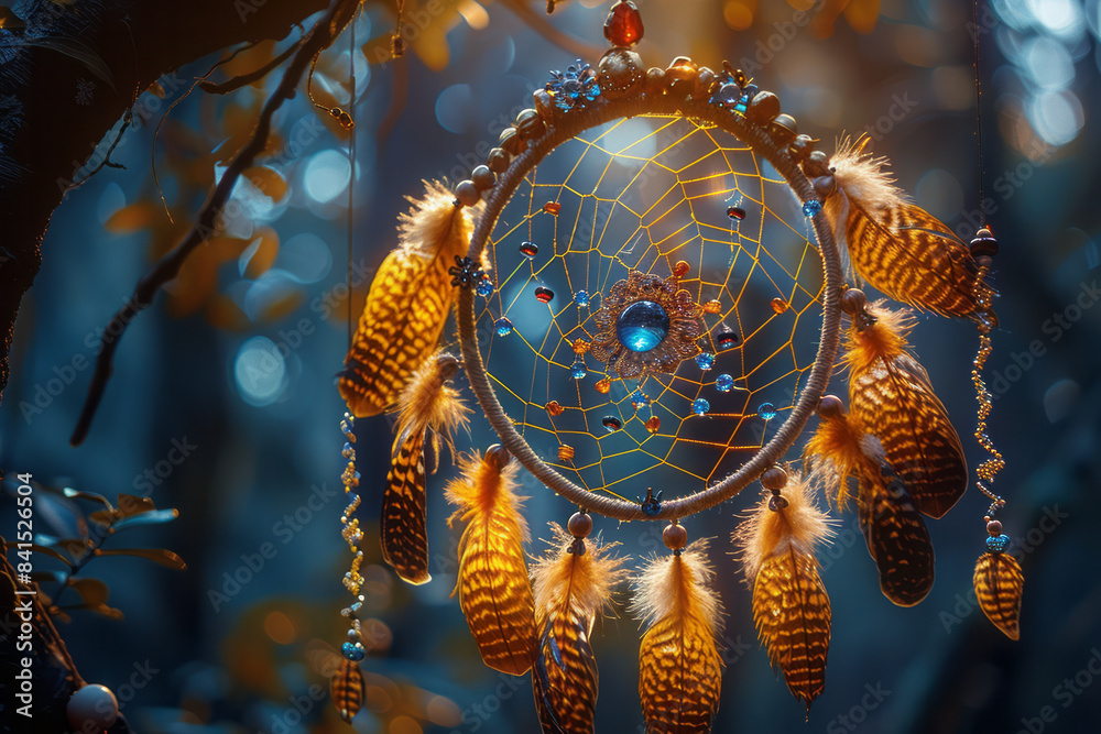 Obraz premium An ornate dreamcatcher with feathers and beads, made from golden sand,
