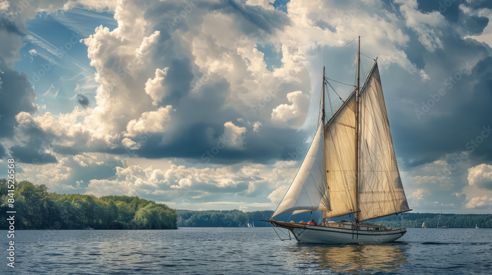 Fototapeta premium Elegantly sailing boat under dramatic cloudy sky on tranquil water