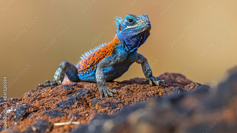 Blue-throated agama lizard resting on a rocky surface in the wild Blue-throated agama lizard resting on a rocky surface in the wild