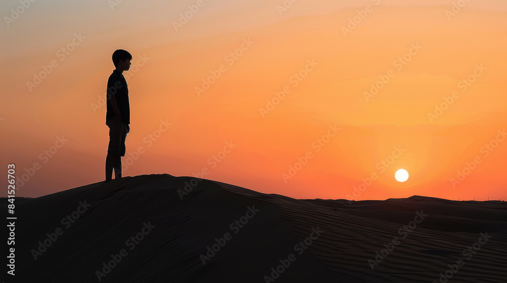 Silhouette of a boy on a desert dune at sunset Silhouette of a boy on a desert dune at sunset