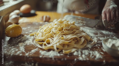 A plate of pasta sits atop a wooden cutting board  waiting to be served