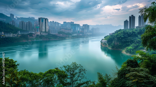 Scenic view of lake surrounded by city buildings and hills