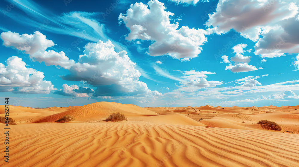 Fototapeta premium Cloudy blue sky over arid desert with sandy dunes