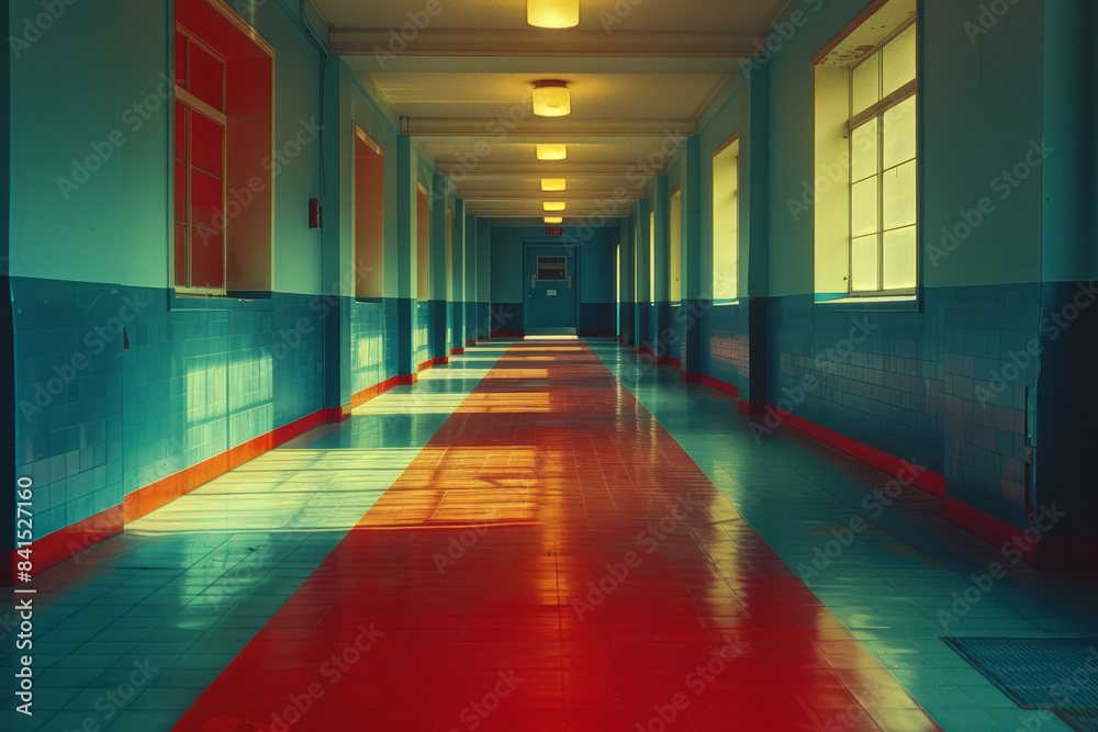 An empty corridor with a single light bulb casting a long shadow, An empty corridor with a single light bulb casting a long shadow,
