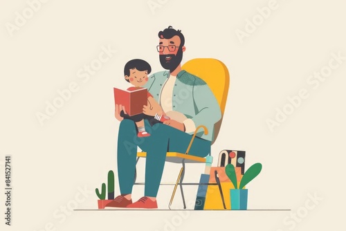 A father or mentor figure sits with a young one, sharing a story through a book