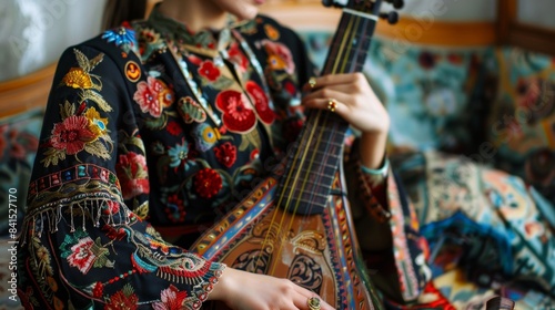 The graceful lines of her sarafan, a traditional Russian dress, complement the graceful curves of the balalaika photo