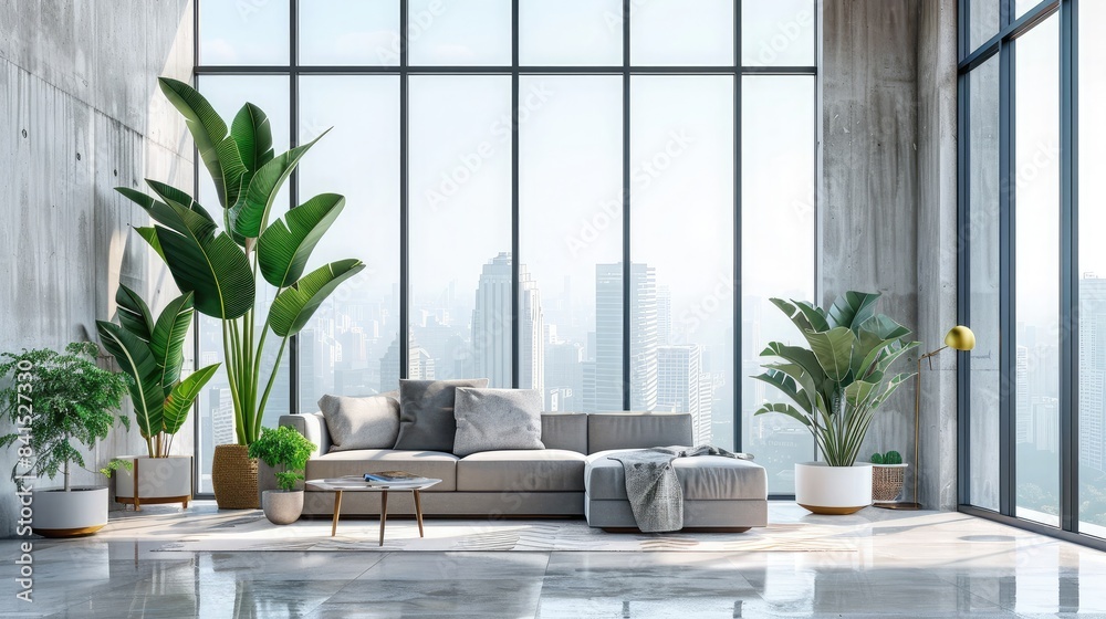 Minimalist living room with floor-to-ceiling windows, showcasing a collection of green houseplants Minimalist living room with floor-to-ceiling windows, showcasing a collection of green houseplants