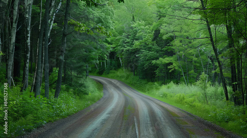 Winding forest road through lush green trees in summer