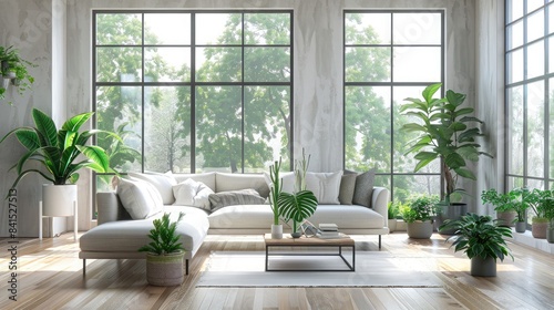 Minimalist living room with floor-to-ceiling windows  showcasing a collection of green houseplants