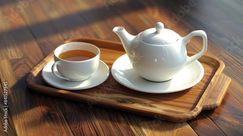 Teapot and cup of tea on a wooden tray