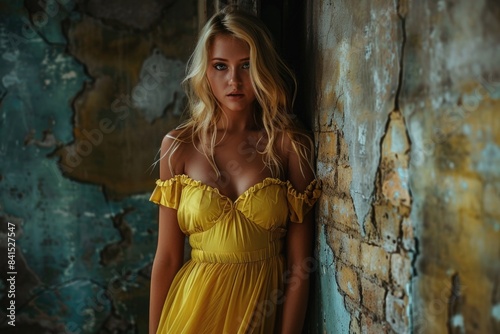 A woman wearing a bright yellow dress leans against a wall, looking relaxed and casual