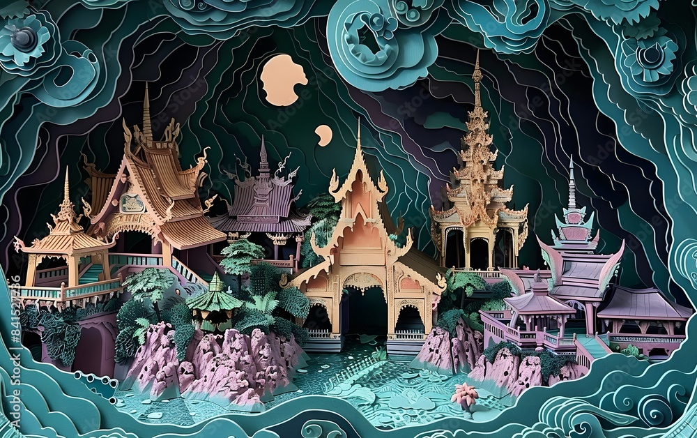 Obraz premium This paper sculpture diorama depicts an ancient Thai village, Thai temple in color is metallic emerald, platinum, copper