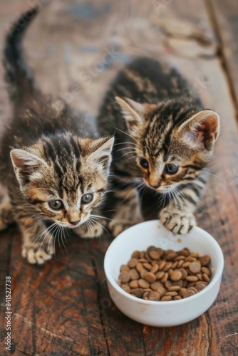 Two adorable kittens stand near a bowl of food, ready to eat