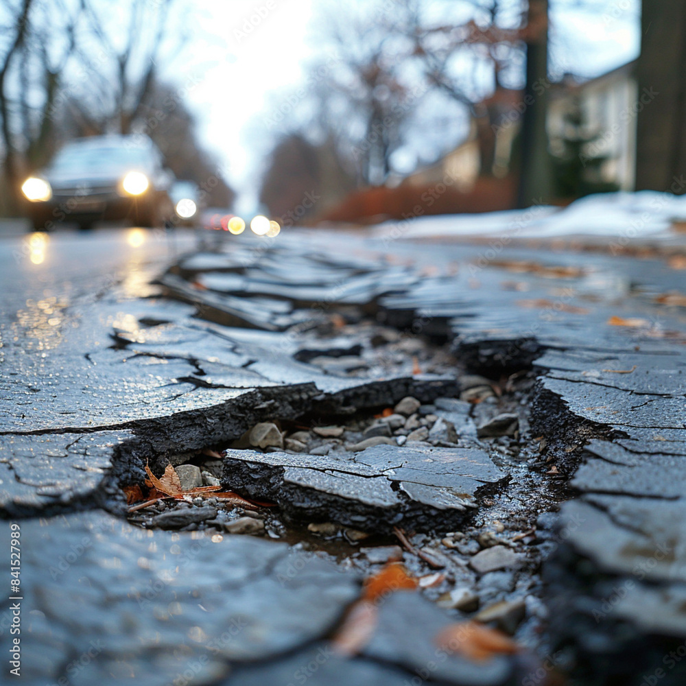 Very bad quality street with potholes. Damaged asphalt pavement road with potholes in city Very bad quality street with potholes. Damaged asphalt pavement road with potholes in city