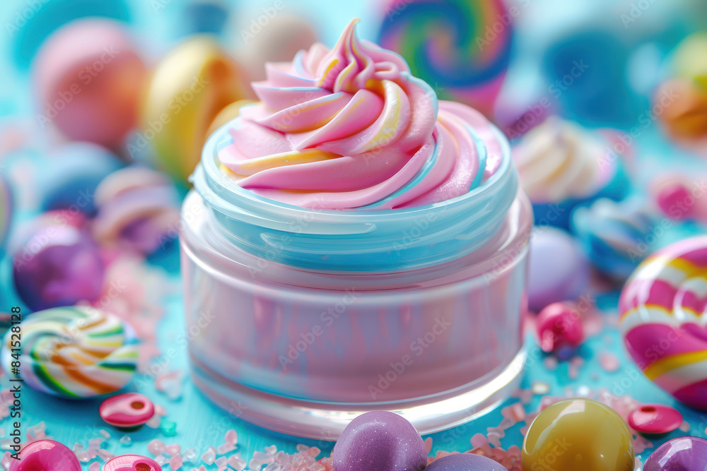 pastel colored luxury face cream in blue jar surrounded by colorful candies and beads on vibrant background pastel colored luxury face cream in blue jar surrounded by colorful candies and beads on vibrant background