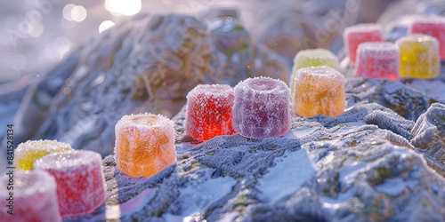 Vibrant gummy bears on snow-covered mountain,  photo