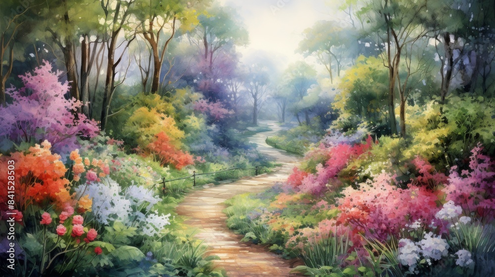 A painting of a path through a forest with a variety of flowers A painting of a path through a forest with a variety of flowers