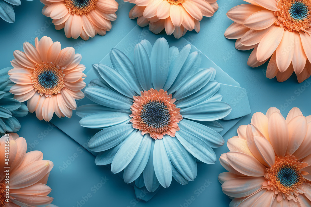 A pastel blue envelope with a mix of pastel yellow daisies and soft pink petals, A pastel blue envelope with a mix of pastel yellow daisies and soft pink petals,