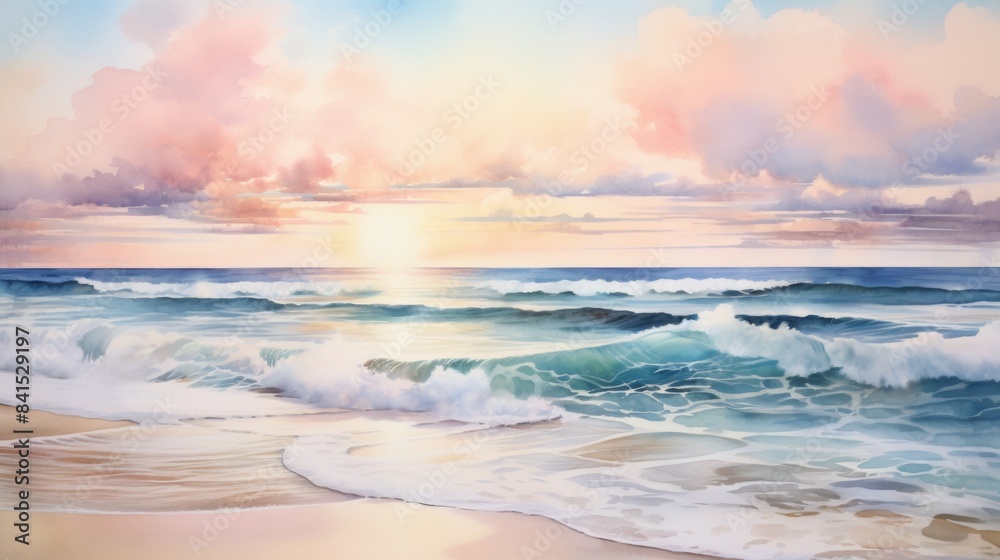 A painting of a beach with a sunset in the background