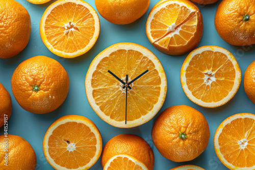 A clock hand surrounded by slices of bright orange oranges on a pastel blue background,