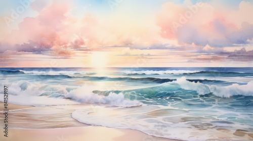 A painting of a beach with a sunset in the background