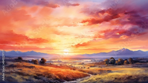 A painting of a sunset over a field with mountains in the background