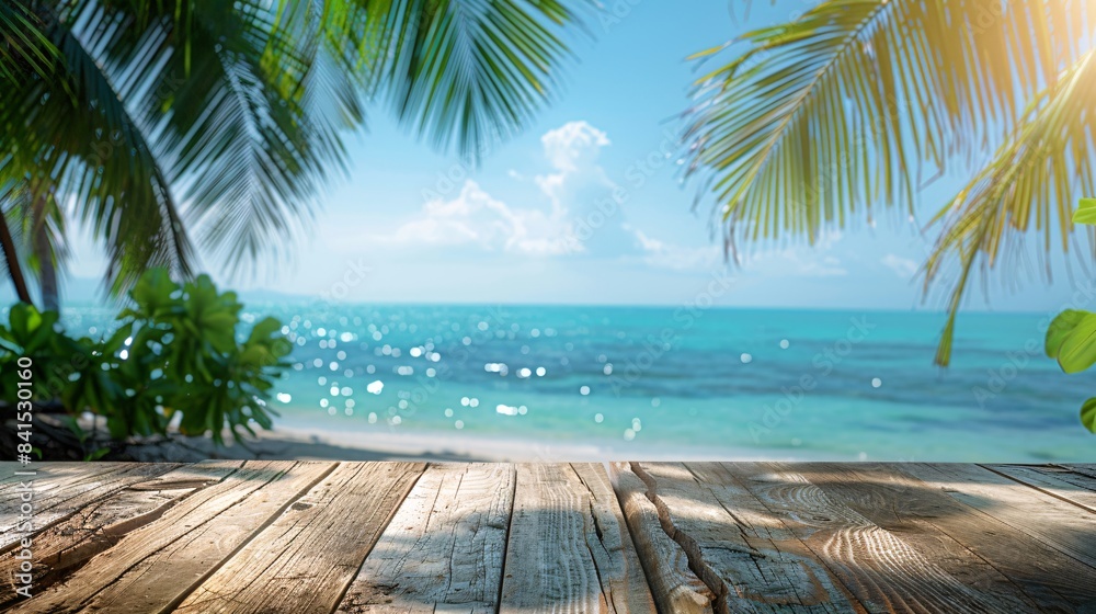empty wooden table on tropical beach empty wooden table on tropical beach