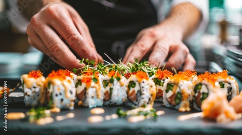 A sushi chef putting the finishing touches on a platter of sushi rolls, garnishing them with tobiko (flying fish roe) and microgreens for added color and flavor