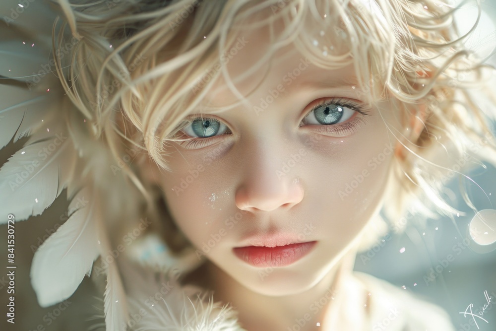 A young girl with distinctive white feathers on her head, looking straight into the camera