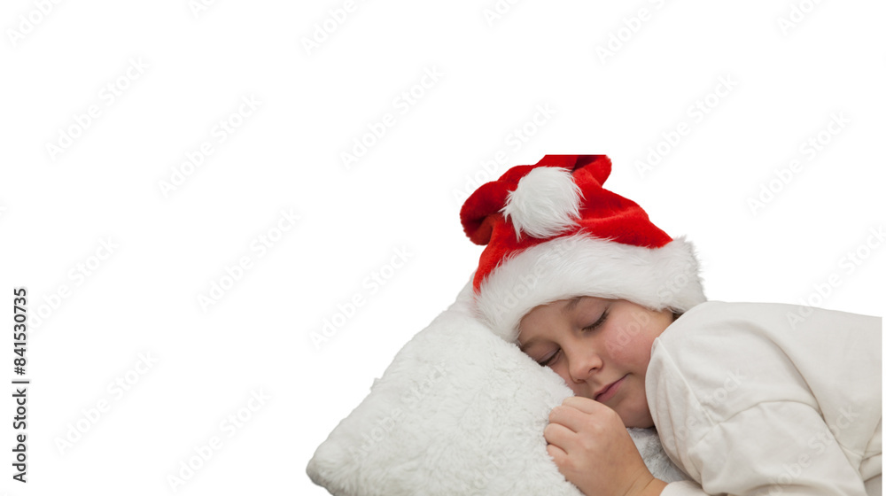 Young child wearing a santa hat sleeps soundly, embracing a soft white pillow, isolated on a white background, evoking the innocence and tranquility of the festive season Young child wearing a santa hat sleeps soundly, embracing a soft white pillow, isolated on a white background, evoking the innocence and tranquility of the festive season
