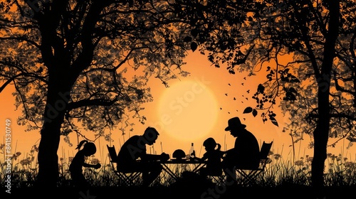 Silhouette of a joyful family having a picnic in a park  with trees and a setting sun