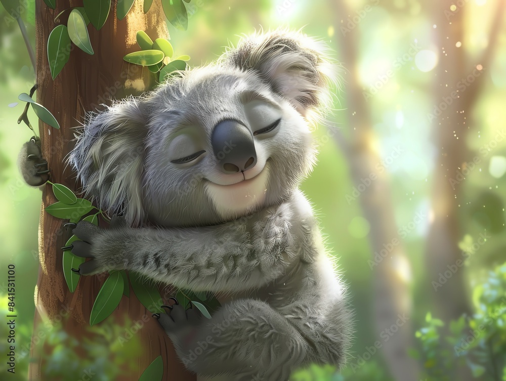 Obraz premium Adorable cartoon koala hugging a eucalyptus tree, cute face and soft fur, sweet and cuddly