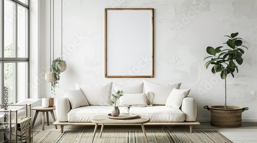 mock up poster frame in modern interior background  living room  Scandinavian style  3D render  3D illustration . AI generated