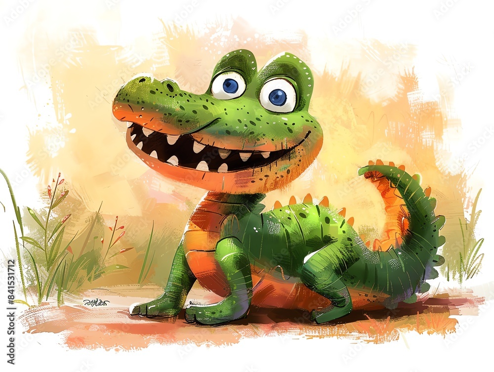 Naklejka premium Friendly cartoon crocodile with a big smile, playful pose and bright colors, fun and whimsical