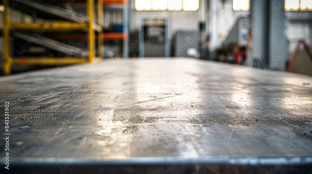 Mock up perspective empty metal table with Abstract blurred factory or stock. using as background montage concept with copy spaces and white space for your text or design. Mock up perspective empty metal table with Abstract blurred factory or stock. using as background montage concept with copy spaces and white space for your text or design.