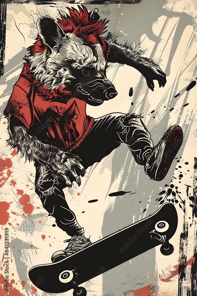 Obraz premium Anthropomorphic Punk Rock Hyena Skateboarder in Vibrant Urban Graffiti Landscape