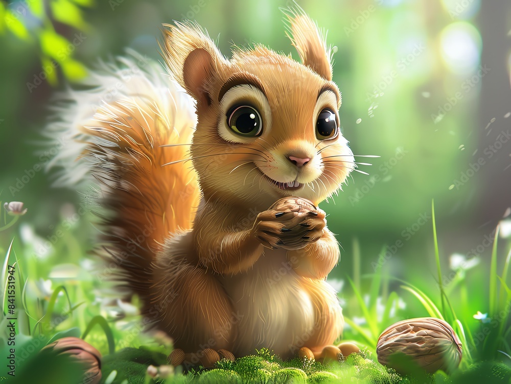 Friendly cartoon squirrel with a nut, playful pose and bright colors, fun and endearing