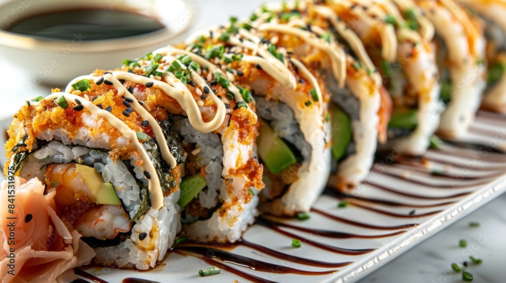 A sushi roll filled with tempura shrimp, avocado, and wakame seaweed, wrapped in nori and sushi rice, then drizzled with spicy mayo and eel sauce A sushi roll filled with tempura shrimp, avocado, and wakame seaweed, wrapped in nori and sushi rice, then drizzled with spicy mayo and eel sauce